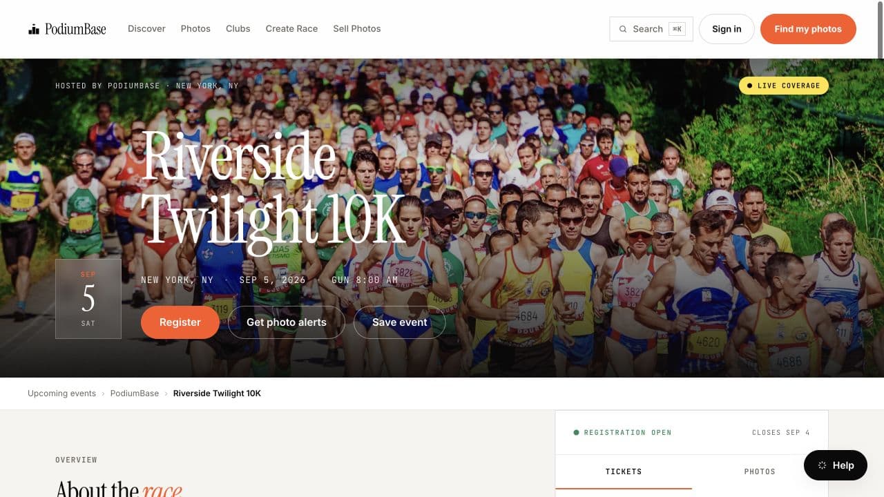 Public PodiumBase event page showing event details, registration, and photo alerts